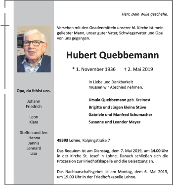Anzeige von Hubert Quebbemann von OM-Medien