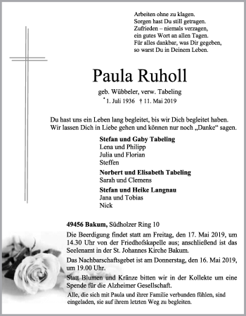 Anzeige von Paula Ruholl von OM-Medien