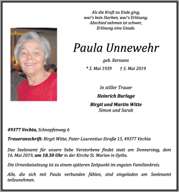 Anzeige von Paula Unnewehr von OM-Medien