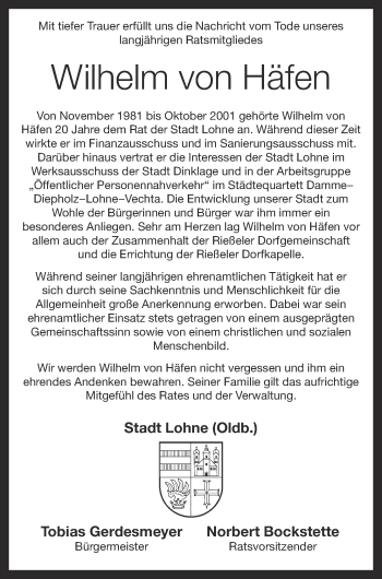 Anzeige von Wilhelm von Häfen von OM-Medien