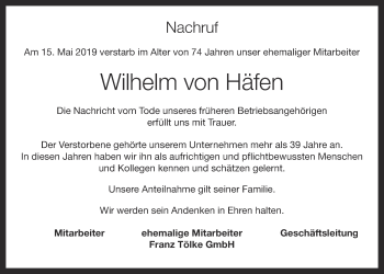 Anzeige von Wilhelm von Häfen von OM-Medien