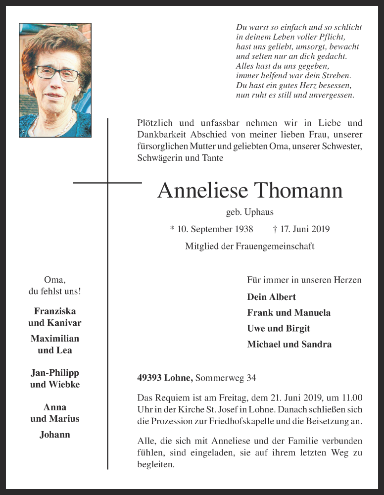  Traueranzeige für Anneliese Thomann vom 18.06.2019 aus OM-Medien