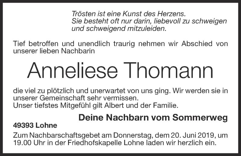  Traueranzeige für Anneliese Thomann vom 19.06.2019 aus OM-Medien