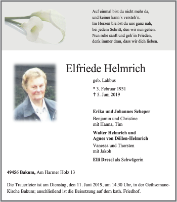 Anzeige von Elfriede Helmrich von OM-Medien