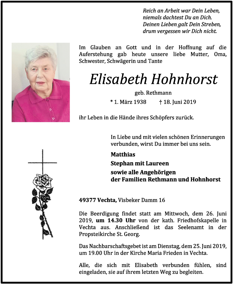  Traueranzeige für Elisabeth Hohnhorst vom 21.06.2019 aus OM-Medien