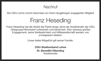 Anzeige von Franz Heseding von OM-Medien
