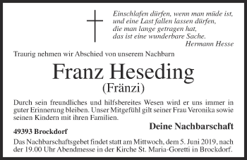 Anzeige von Franz Heseding von OM-Medien