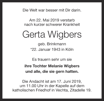 Anzeige von Gerta Wigbers von OM-Medien