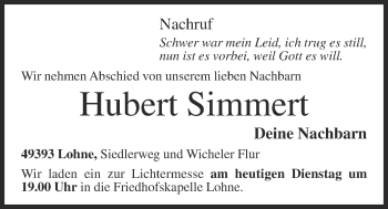 Anzeige von Hubert Simmert von OM-Medien