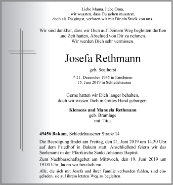 Anzeige von Josefa Rethmann von OM-Medien