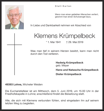 Anzeige von Klemens Krümpelbeck von OM-Medien