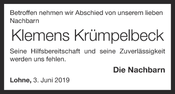 Anzeige von Klemens Krümpelbeck von OM-Medien