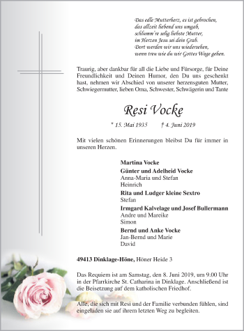 Anzeige von Resi Vocke von OM-Medien