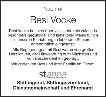 Anzeige von Resi Vocke von OM-Medien