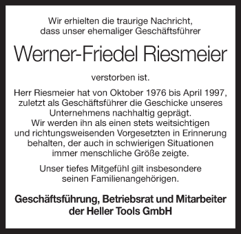 Anzeige von Werner-Friedel Riesmeier von OM-Medien