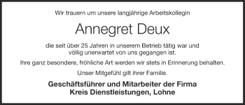 Anzeige von Annegret Deux von OM-Medien