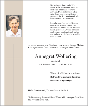 Anzeige von Annegret Wollering von OM-Medien