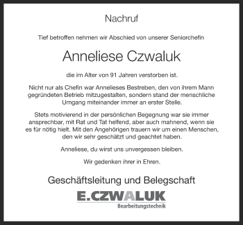 Anzeige von Anneliese Czwaluk von OM-Medien