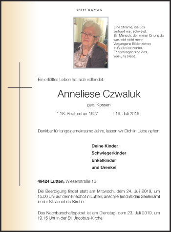 Anzeige von Anneliese Czwaluk von OM-Medien