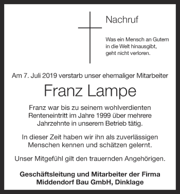 Anzeige von Franz Lampe von OM-Medien