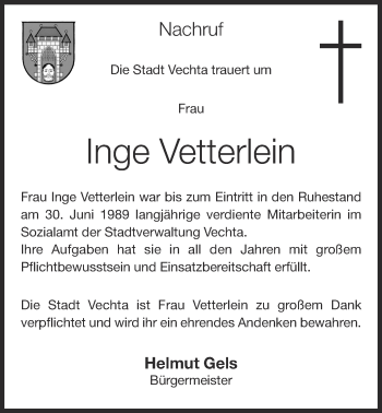 Anzeige von Inge Vetterlein von OM-Medien