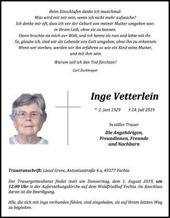 Anzeige von Inge Vetterlein von OM-Medien