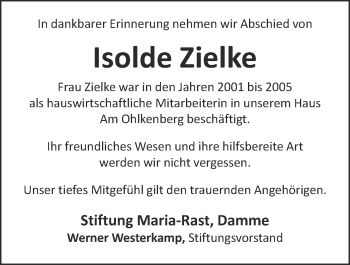 Anzeige von Isolde Zielke von OM-Medien
