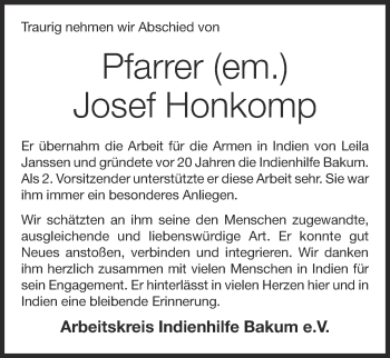 Anzeige von Josef Honkomp von OM-Medien