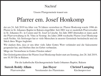 Anzeige von Josef Honkomp von OM-Medien