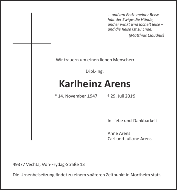 Anzeige von Karlheinz Arens von OM-Medien