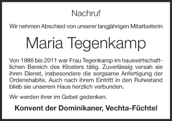 Anzeige von Maria Tegenkamp von OM-Medien