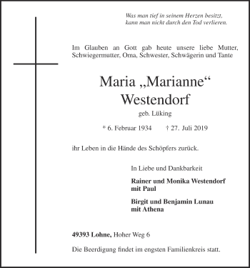 Anzeige von Maria Westendorf von OM-Medien