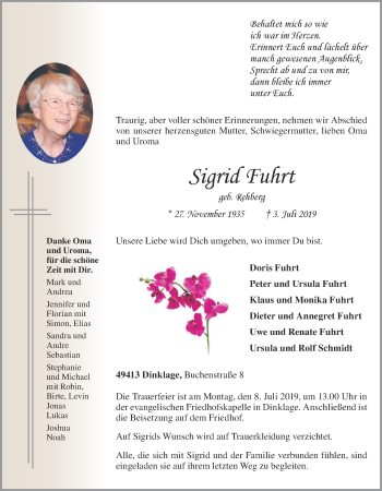 Anzeige von Sigrid Fuhrt von OM-Medien