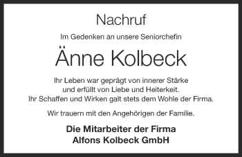 Anzeige von Änne Kolbeck von OM-Medien