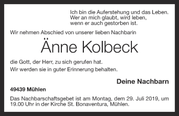 Anzeige von Änne Kolbeck von OM-Medien