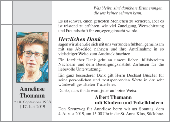 Anzeige von Anneliese Thomann von OM-Medien
