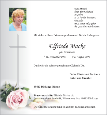 Anzeige von Elfriede Macke von OM-Medien