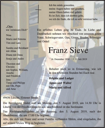 Anzeige von Franz Sieve von OM-Medien