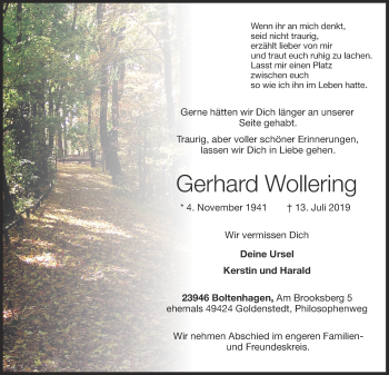 Anzeige von Gerhard Wollering von OM-Medien