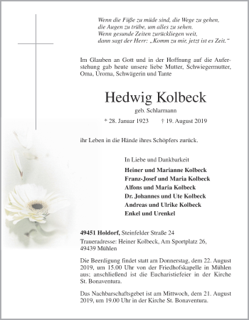 Anzeige von Hedwig Kolbeck von OM-Medien