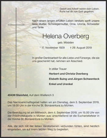 Anzeige von Helena Overberg von OM-Medien