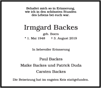 Anzeige von Irmgard Backes von OM-Medien