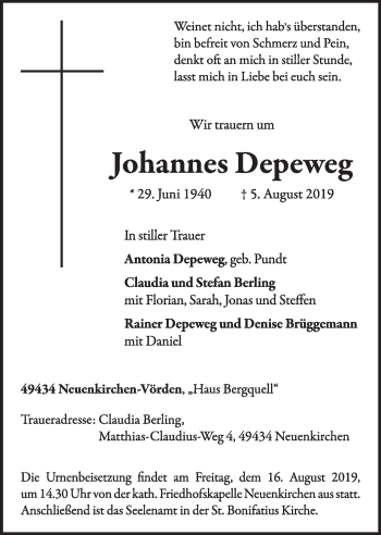 Anzeige von Johannes Depeweg von OM-Medien