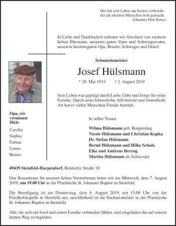 Anzeige von Josef Hülsmann von OM-Medien