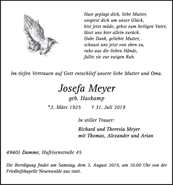Anzeige von Josefa Meyer von OM-Medien