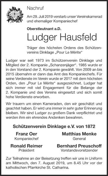 Anzeige von Ludger Hausfeld von OM-Medien