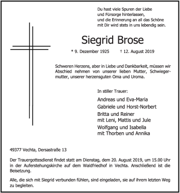 Anzeige von Siegrid Brose von OM-Medien