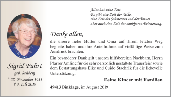 Anzeige von Sigrid Fuhrt von OM-Medien