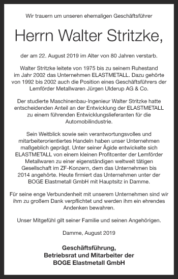 Anzeige von Walter Stritzke von OM-Medien