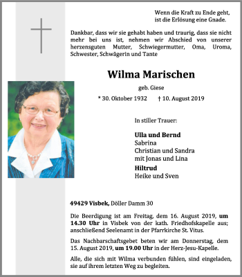Anzeige von Wilma Marischen von OM-Medien